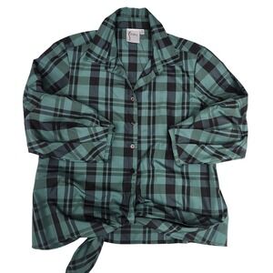 Finley Emmy Green Black Plaid Tie Front Blouse Pleated Cuff Medium Made in USA